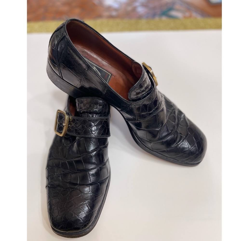 Mens Melis Black Italian Leather Croc Shoes GoldBuckle Size 11, 45 European Size